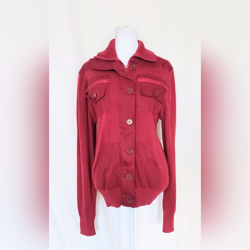 Guess Full Zip Button Down Sweater Jacket Maroon Red Size Medium 100% Cotton